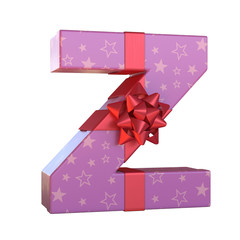 Gift box with red ribbon bow 3d font, present alphabet, letter Z