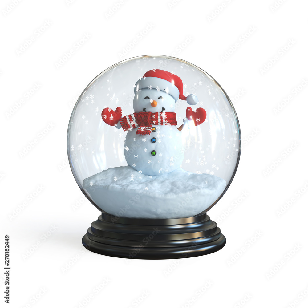 Poster snowman inside snow globe 3d rendering on white background