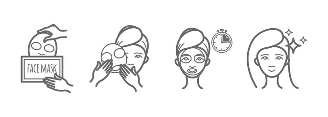 Beauty treatment icons set, facial mask applying