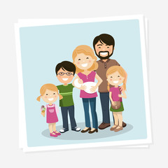 Obraz premium Happy family photo with parents, three children and babyborn