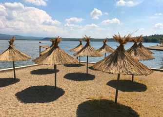 Beach umbrellas in Dojran, Macedonia