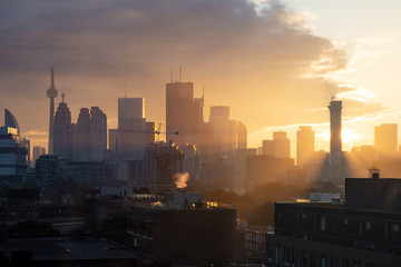 Toronto city center skyline during evening golden hour sunset