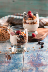 yogurt with granola and raspberries black chorynitsa and honey. yogurt in the blue on the table	