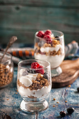 yogurt with granola and raspberries black chorynitsa and honey. yogurt in the blue on the table	