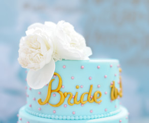 Traditional anniversary/wedding multi-layer cake. Beautiful delicious sweet dessert decorated with...