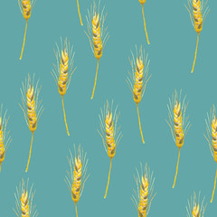 Acrylic drawn rye spikelets on blue background, seamless pattern
