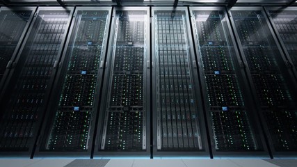 Camera moving in data center along the racks with server equipment, view from the bottom. Seamlessly looped photorealistic 3D render animation. - Powered by Adobe