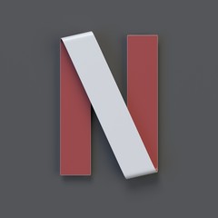 Origami paper font, folded ribbon font 3d rendering, letter N