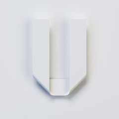 Origami paper font, folded ribbon font 3d rendering, letter U