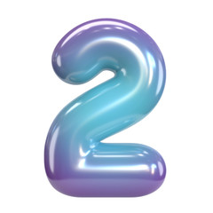 Round purple and blue font, balloon like letters and numbers, 3d rendering number 2