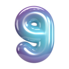 Round purple and blue font, balloon like letters and numbers, 3d rendering number 9
