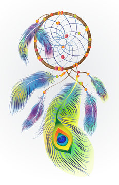 Stylized dream catcher with feathers and with patterns