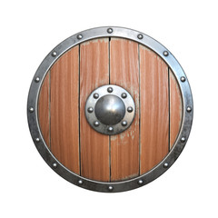 Wooden medieval round shield, viking shield painted, isolated on white background, 3d rendering