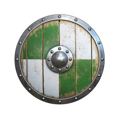 Wooden medieval round shield, viking shield painted, isolated on white background, 3d rendering