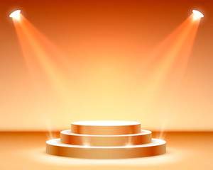 Stage podium with lighting, Stage Podium Scene with for Award Ceremony on orange Background.