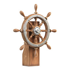 Obraz premium Ship wheel with stand isolated on white background 3d rendering