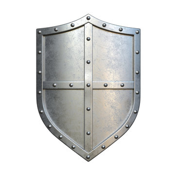 Medieval shield, viking shield painted red and white, isolated on white background, 3d rendering