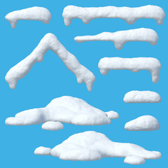 Snow caps set, icicles, snowballs and snowdrifts isolated on blue background 3d rendering - obrazy, fototapety, plakaty