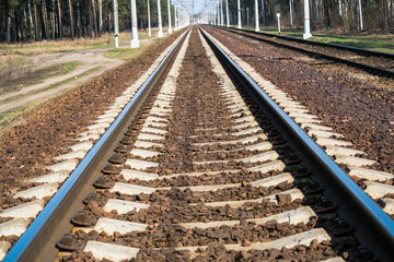 Modern high-speed railway.Railroad tracks.Railway track covered with gravel.Eastern Europe