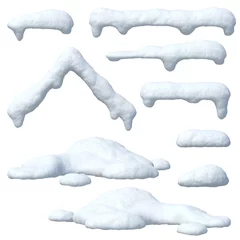 Deurstickers Snow caps set, icicles, snowballs and snowdrifts isolated on white background 3d rendering © koya979