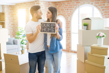 Beautiful young couple moving to a new house, smiling very happy holding blackboard with our first home text