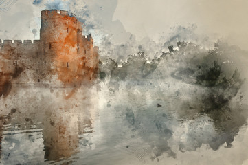 Watercolor painting of Stunning moat and castle in Autumn Fall sunrise with mist over moat © veneratio