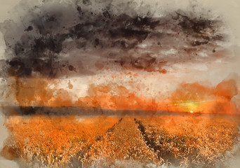 Watercolor painting of Golden wheat field under dramatic stormy sky landscape