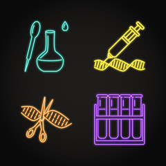 Set of laboratory research tools concept neon icons
