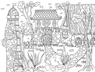 coloring fairytale castle, house and pond, trees for children and adults painted in black ink with small details on an isolated white background, a series of anti-stress