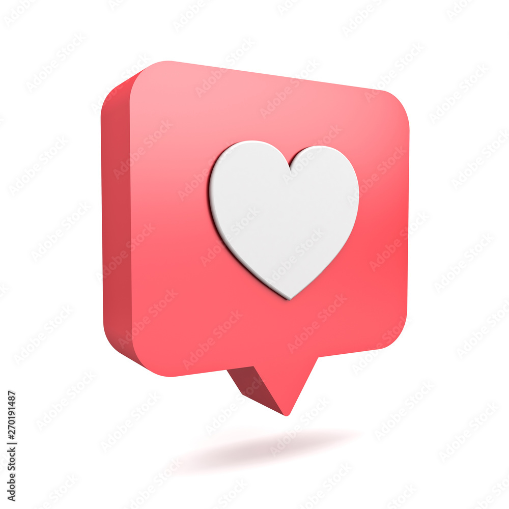 Poster 3d social media notification love like heart icon in red rounded square pin isolated on white background with shadow 3D rendering