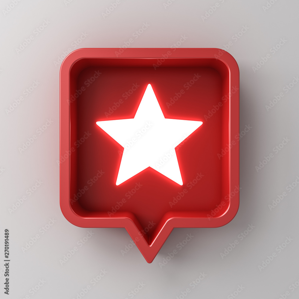 Poster 3d social media notification neon light star icon in red rounded square pin isolated on white wall background with shadow 3D rendering