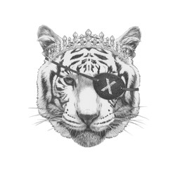 Portrait of Tiger with diadem and eye patch. Hand-drawn illustration.