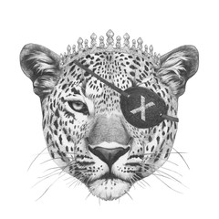 Portrait of Leopard with diadem and eye patch. Hand-drawn illustration.