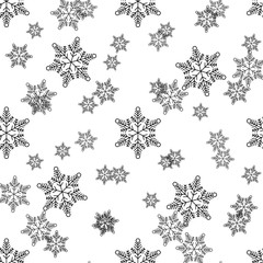 Christmas, new year seamless pattern, snowflakes line illustration. Vector icons of winter holidays, cold season snowfall. Celebration party black white repeated background.