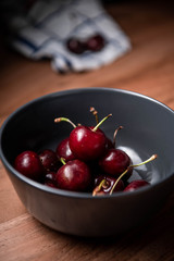 A bowl of cherries on a wooden table.