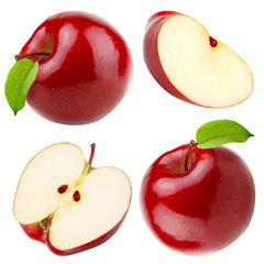 Set of red apple whole pieces isolated on white background as a package design element