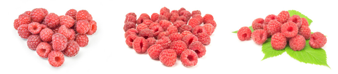 Collage of ripe raspberries isolated on a white background with clipping path