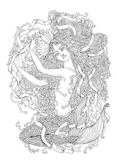 Fototapeta na wymiar JPEG drawing fantastic sea mermaid sitting with wavy developing hair and long tangled ribbon. Ornamental decorated graphic Coloring page sea nymph. Design card, print on t-shirt on white back.
