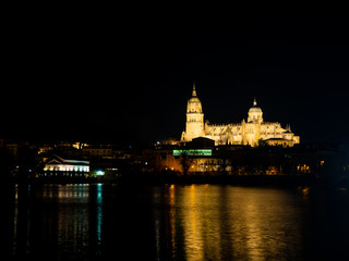 Fototapeta na wymiar Long exposure night view of the Cathedral and Enrique Estevan bridge in Salamanca (Spain)