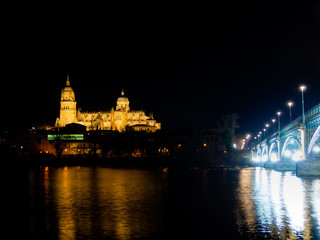 Obraz premium Long exposure night view of the Cathedral and Enrique Estevan bridge in Salamanca (Spain)
