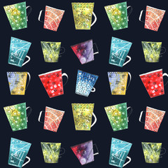 Hand drawn seamless pattern with colorful cups and mugs. Can be used for textiles, fabrics, wrapping paper.
