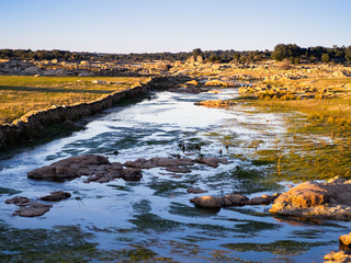 View of a section of the reservoir of La Almendra in Salamanca (Spain) in winter dry season