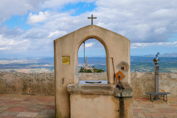 Fountain Terrace Panoramic Sanctuary of Sant Salvador Puig de Sant Salvador, Mallorca Island, Spain, Europe