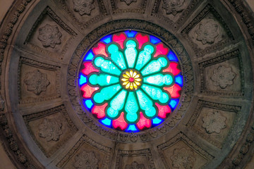 Colorful stained glass Monastery church Santuari de Sant Salvador, Majorca, Balearic Islands,...