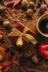 Autumn gift box with cup of coffee