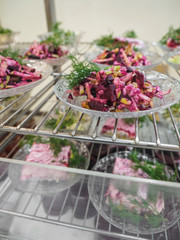 Cuisine cafeteria buffet with food. Self-service food display showcase