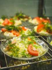 Cuisine cafeteria buffet with food. Self-service food display showcase