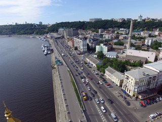 Embankment and river-boats early morning at spring. Downtown (drone image).  Kiev,Ukraine