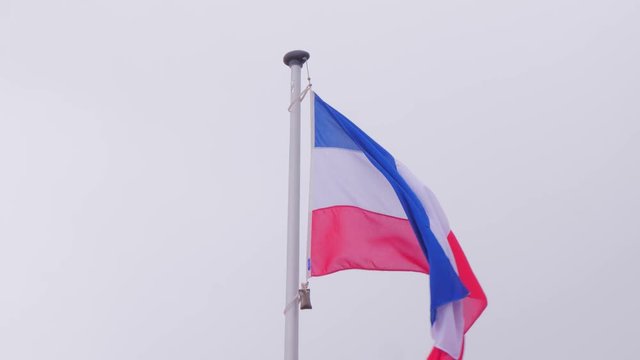 Flag of France, waving in the wind, on gray sky