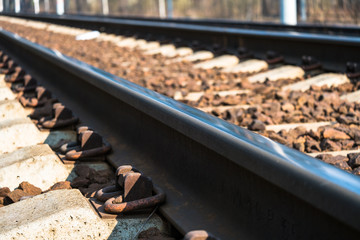 Modern high-speed railway.Railroad tracks.Railway track covered with gravel.Eastern Europe